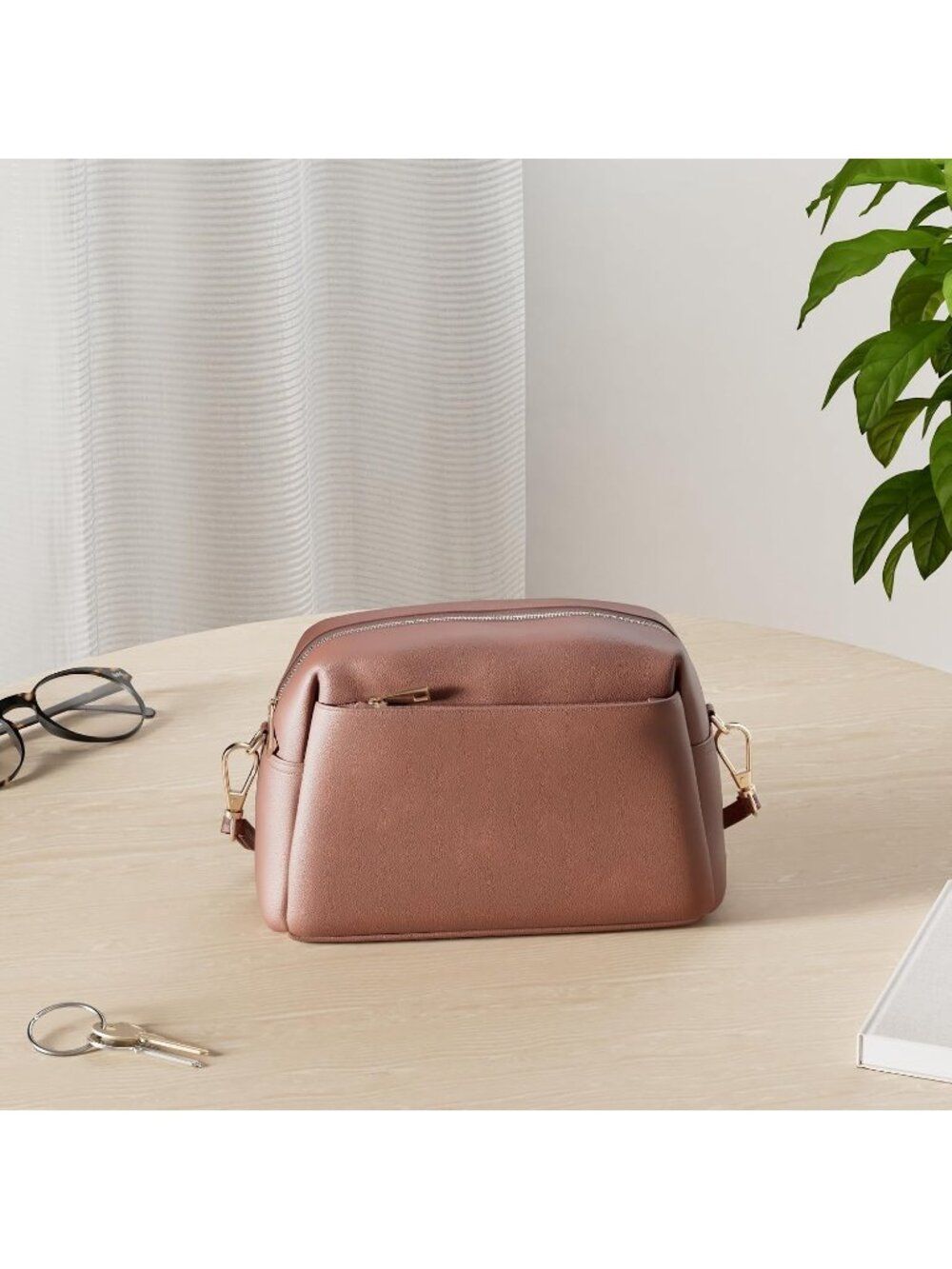 Women's Mocha Leather Triple Zip Small Crossbody Bag - Picture 3 of 7